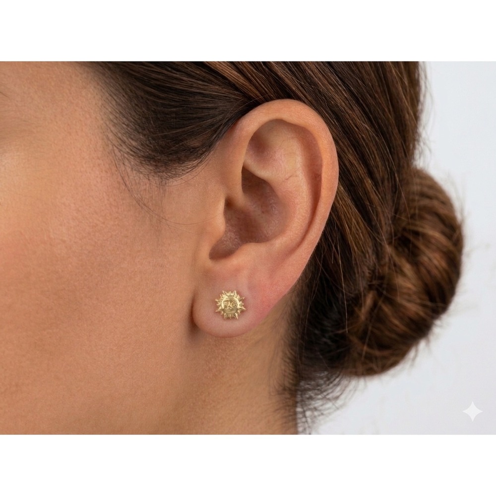 14K Solid Gold Sun Face Stud Earrings Celestial Sun ray Studs - Picture 4 of 9